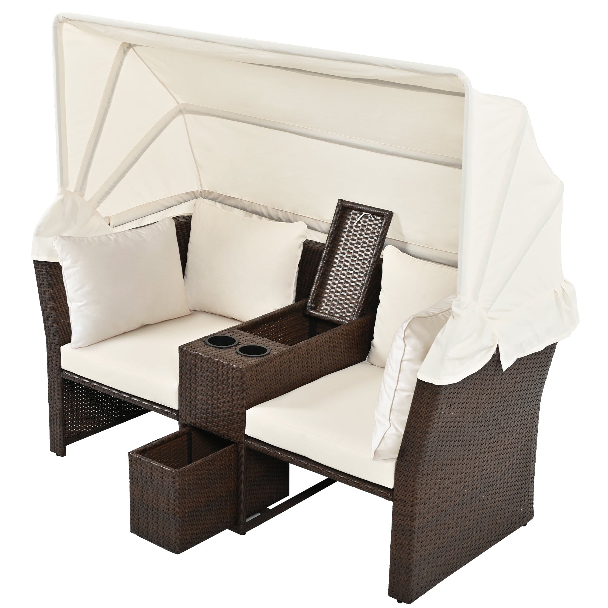 2 Seater Outdoor Patio Daybed with Foldable Awning & Cushions - Double Loveseat Sofa Set for Garden, Balcony, Poolside - Perfect for Relaxing, Sunbathing & Outdoor Lounging (Beige)