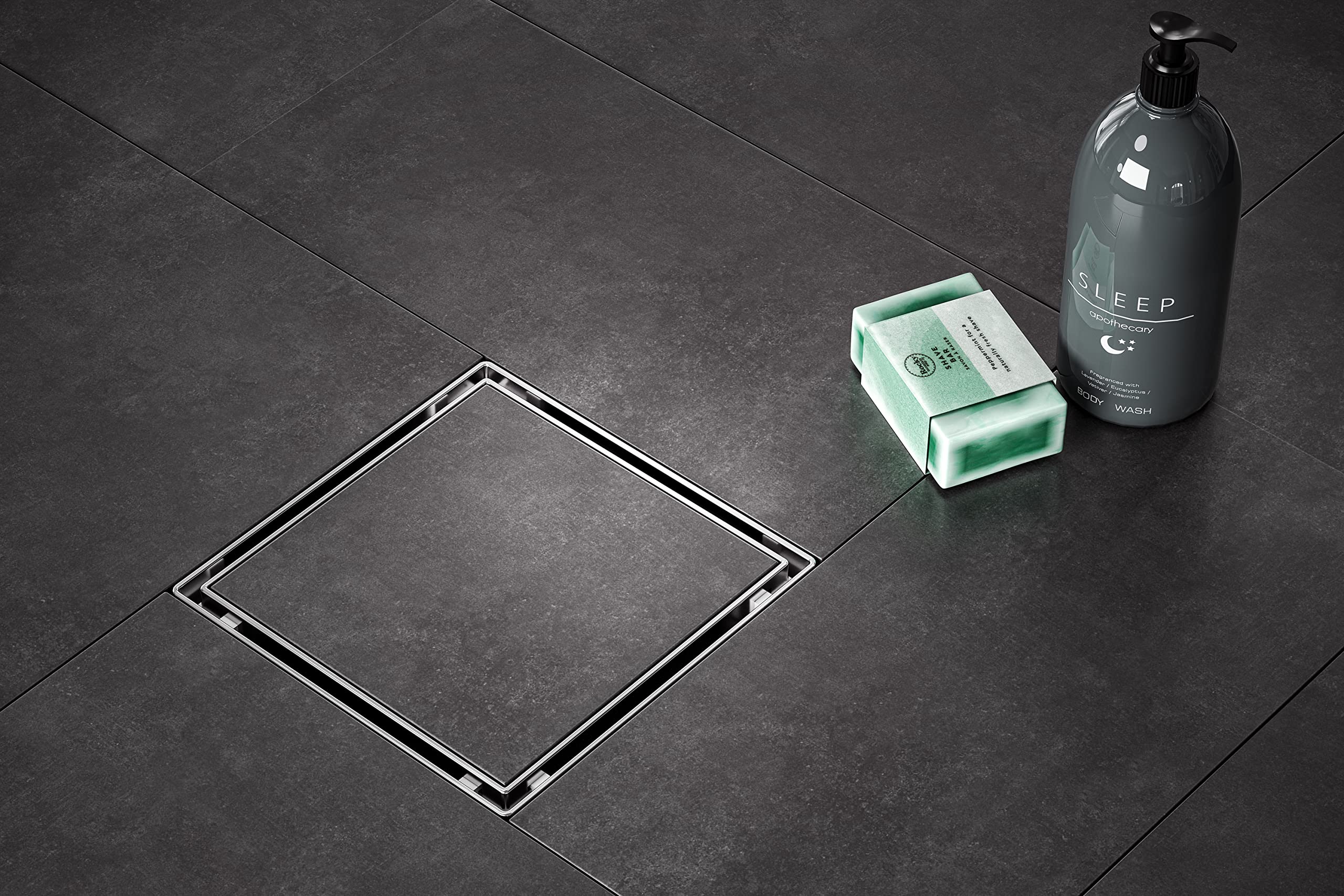 HEATGENE 4-Inch Square Shower Drain with Flat Cover - Stainless Steel Shower Floor Drain with 2-in-1 Flat & Tile Insert Cover - Includes Hair Strainer - Brushed Finish - Ideal for Bathroom Renovation & Modern Shower Installations
