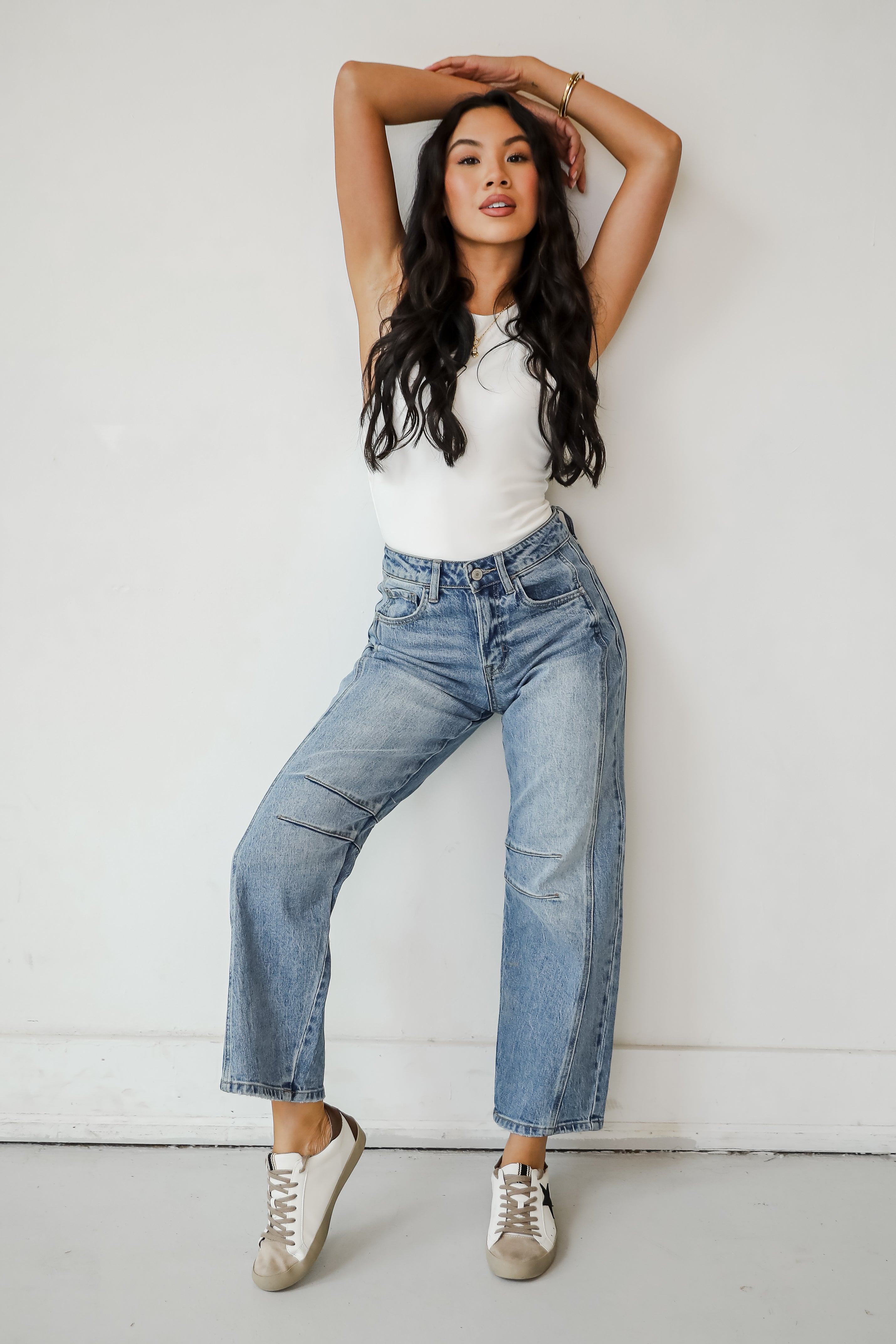 Addy Medium Wash High Rise Barrel Jeans for Women - Vintage Inspired Stretch Denim Pants for Casual Wear & Everyday Outfits