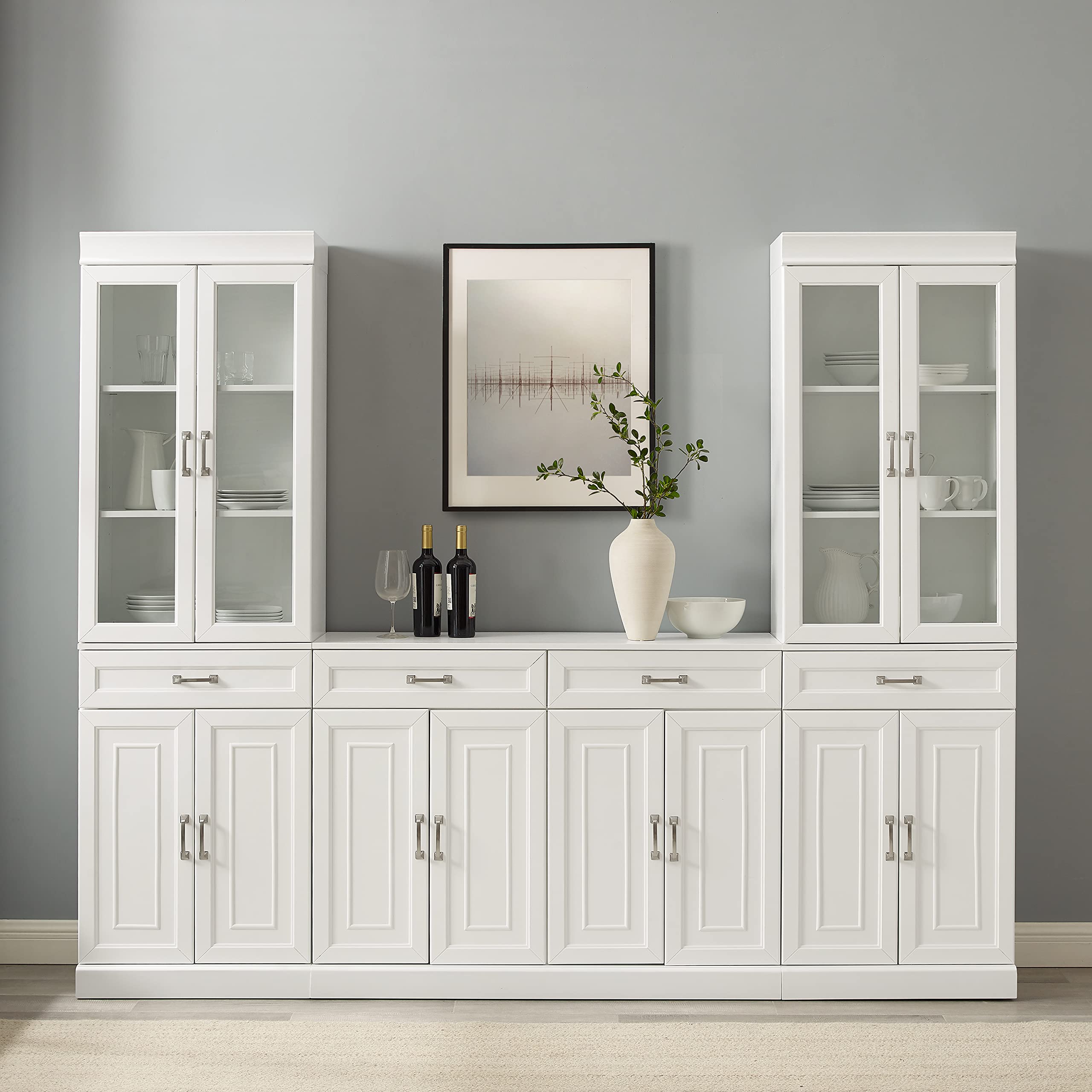Crosley Furniture Stanton 3-Piece White Sideboard Buffet Cabinet with Glass Doors - Kitchen Storage Pantry Set for Dining Room, Living Room & Home Organization