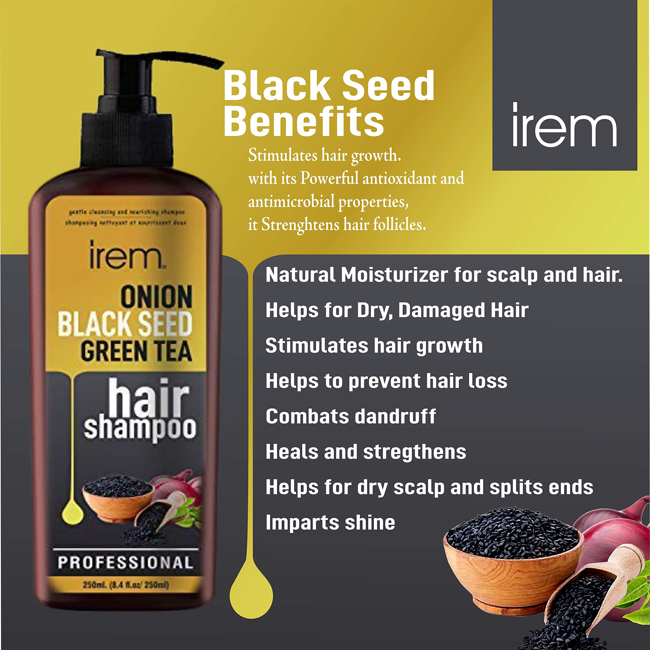 Irem Onion Black Seed & Green Tea Shampoo for Hair Growth & Hair Loss Prevention - 250ml - Revitalizes & Strengthens Hair for Men & Women - Perfect for Daily Use & Damaged Hair Care