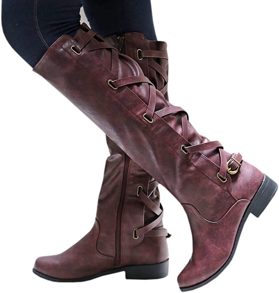 Coutgo Women's Knee High Lace Up Boots - Motorcycle Riding, Combat, Winter Boots with Straps & Low Heel for Casual Wear, Outdoor Adventures & Fashion Outfits