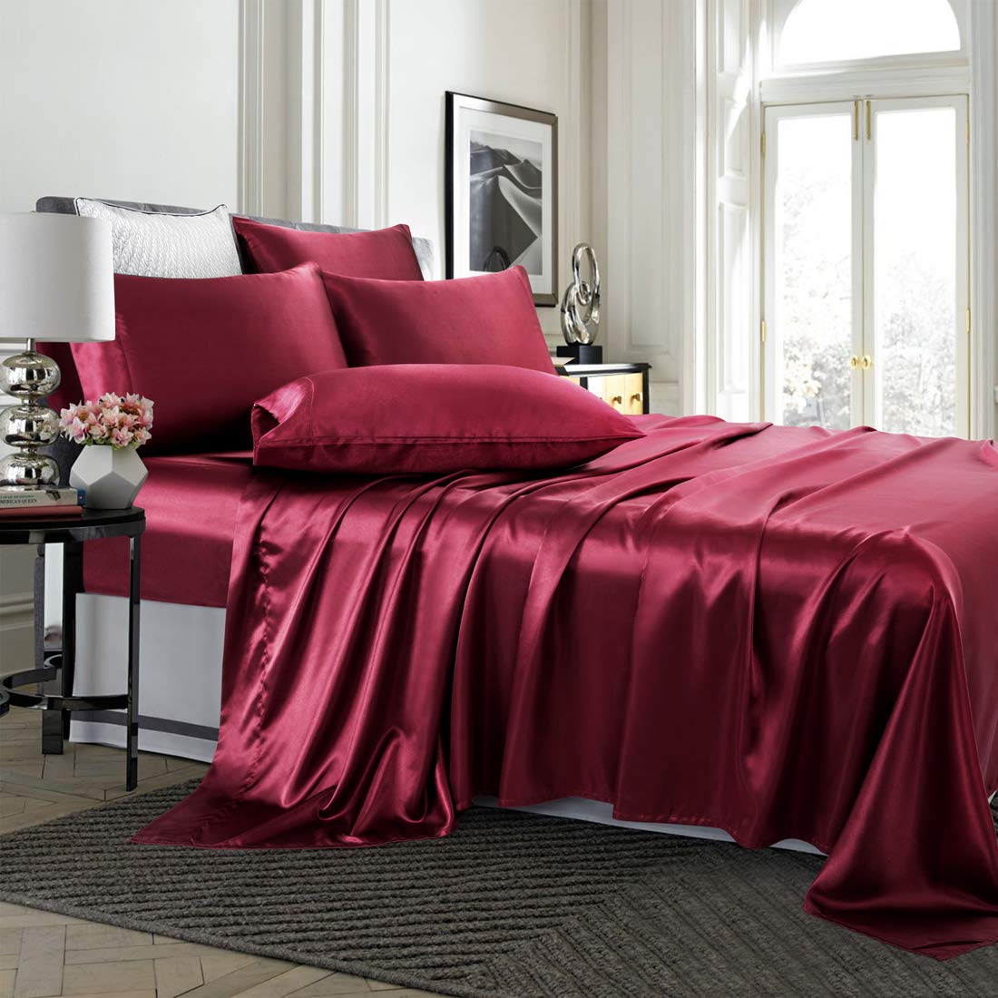Luxury 6-Piece Satin Sheet Set Queen Size - Silky Smooth Burgundy Bedding with Deep Pocket (Fitted Sheet, Flat Sheet & 4 Pillowcases) for Elegant Bedroom Decor & Romantic Nights