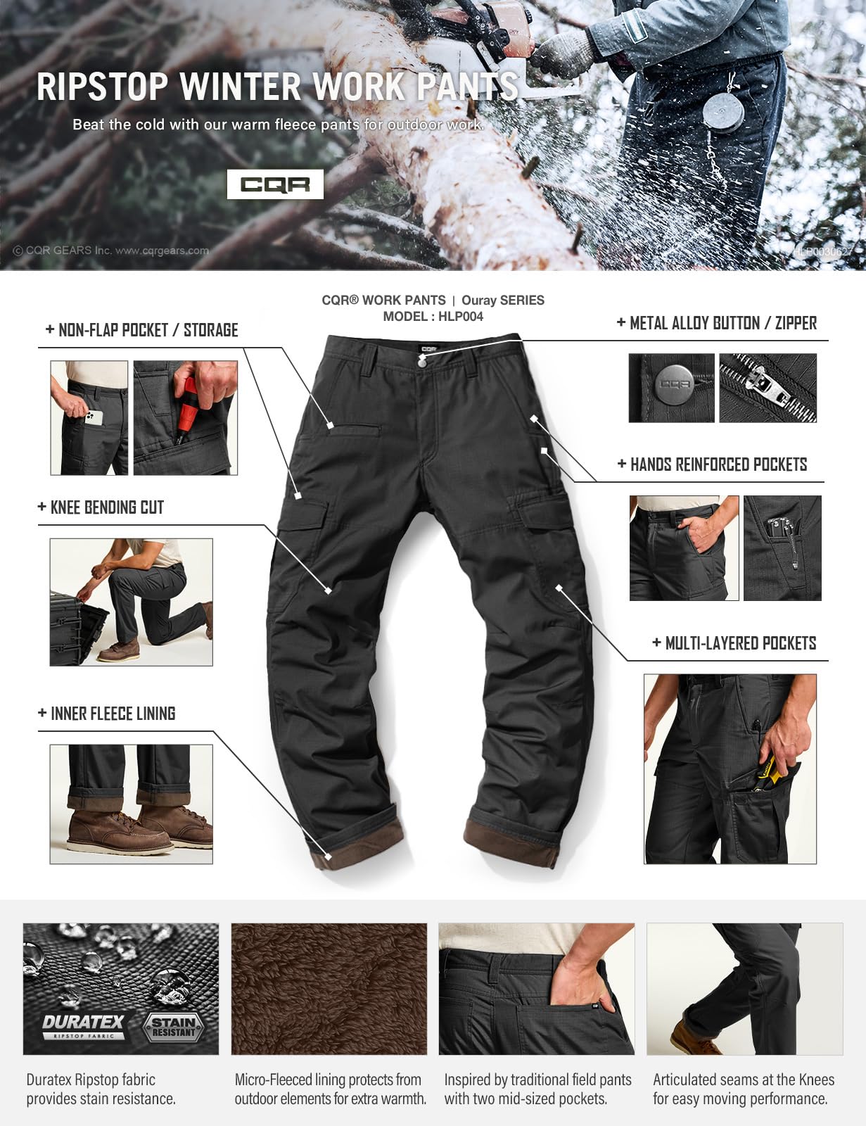 CQR Men's Winter Tactical Cargo Pants - Fleece Lined Thermal Snow Ski Hiking Work Pants for Outdoor Activities & Cold Weather Adventures