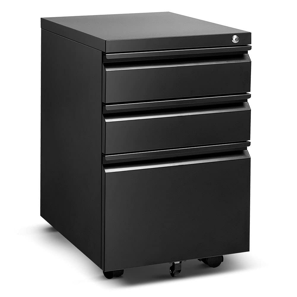 INVIE 3-Drawer Locking Metal File Cabinet - Vertical Under Desk Storage for Legal & Letter Size Documents - Anti-Tilt Mobile Office Cabinet (Black) - Perfect for Home Office, School, and Business Organization