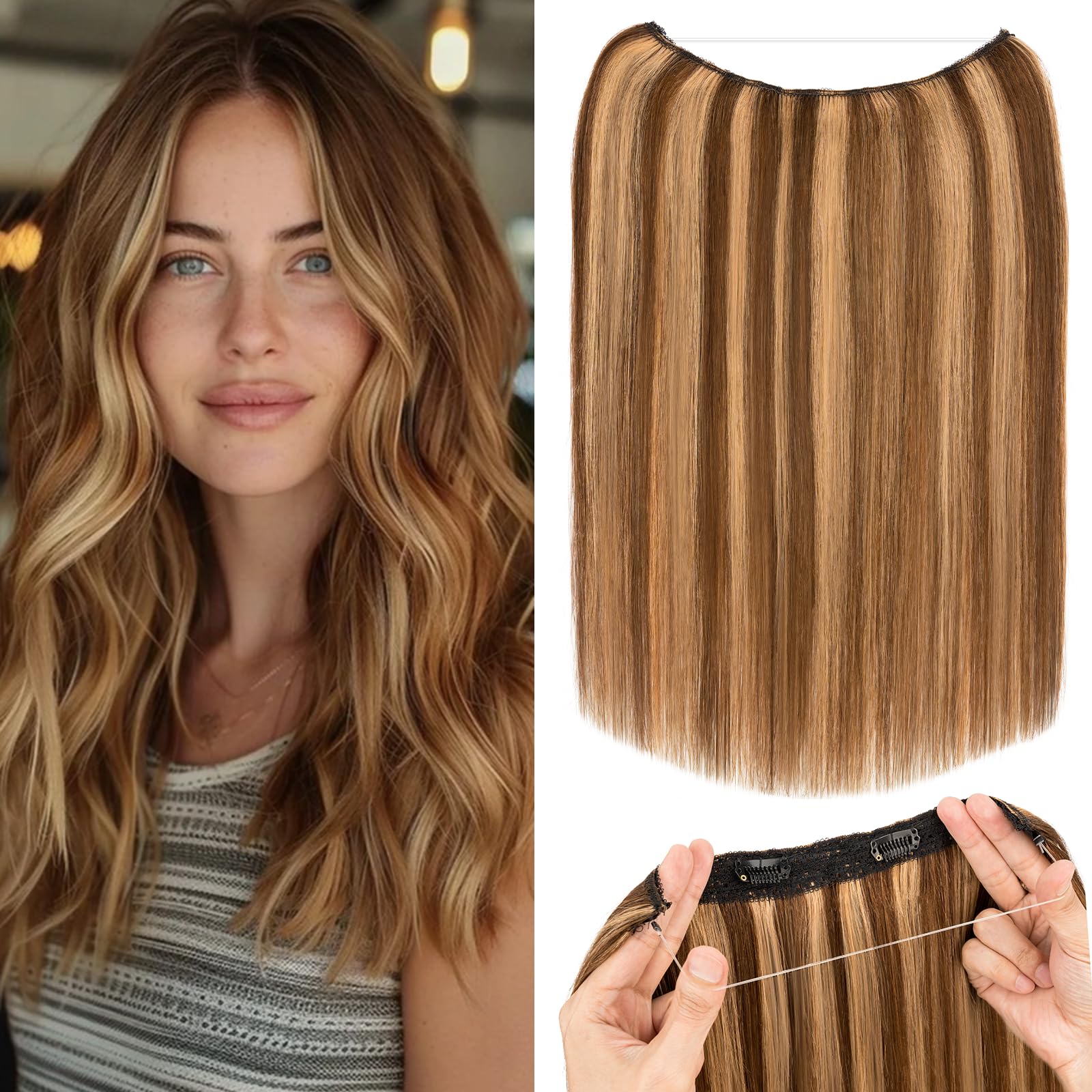 Rich Choices 20 Inch Halo Hair Extensions - 100% Real Human Remy Hair, Invisible Wire, Medium Brown with Dark Blonde Highlights for Women | Perfect for Weddings, Parties & Daily Styling