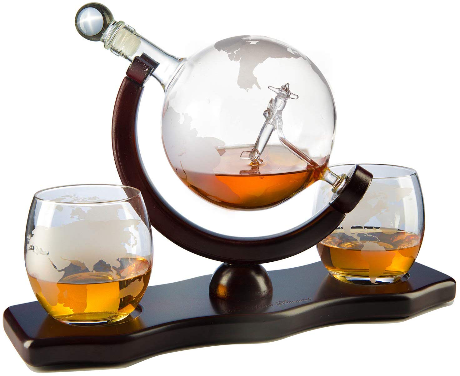 Premium Etched World Map Whiskey Decanter Gift Set - Antique Airplane Design with Whiskey Stones & 3 Globe Glasses - Perfect for Whiskey Lovers, Home Bar Decor & Unique Gifts for Men