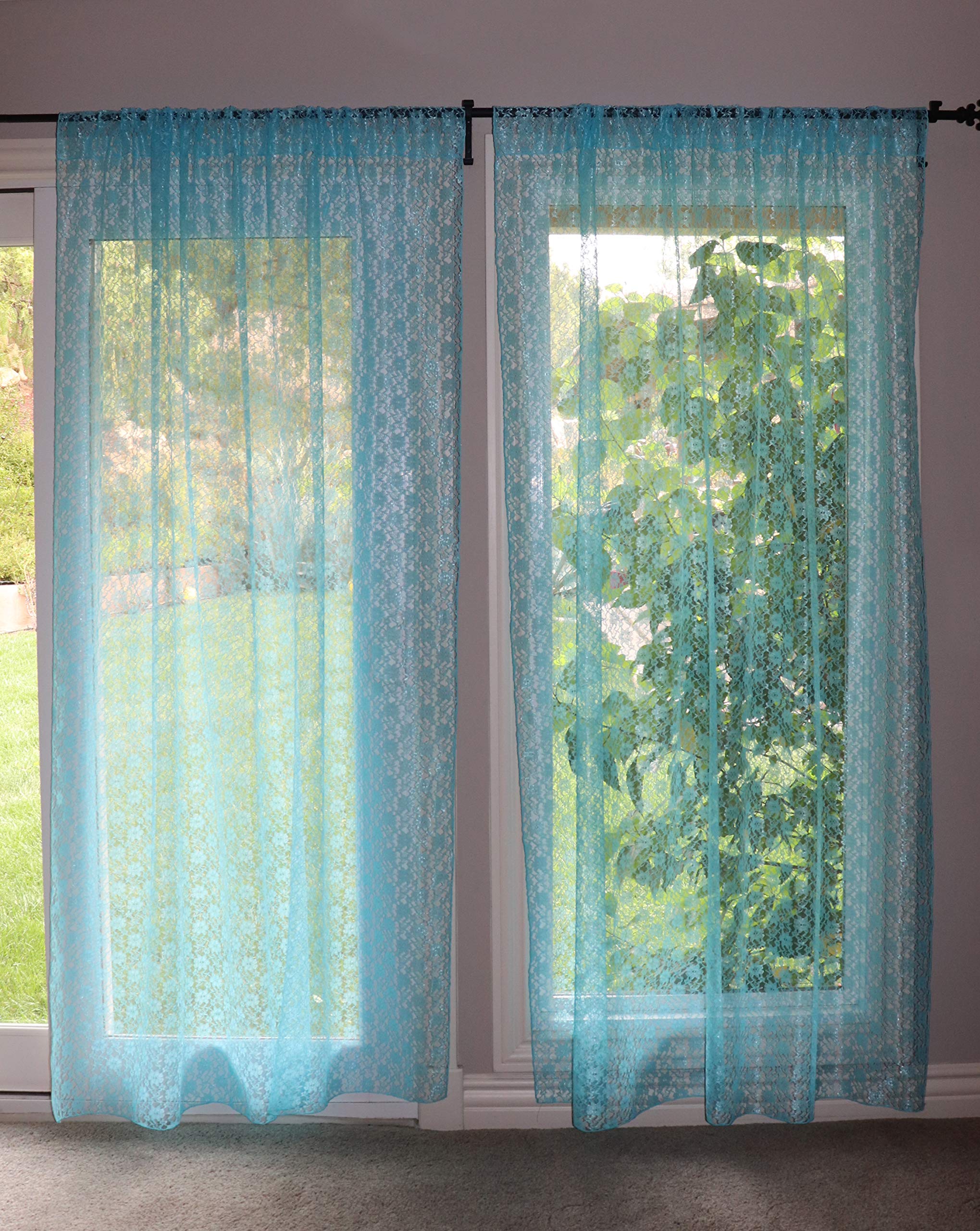 Floral Lace Window Curtain - Sheer Aqua Lace Panel for Bedroom & Kitchen Decor