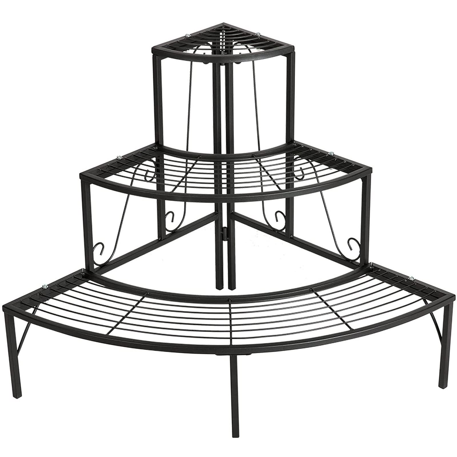 3-Tier Quarter Round Plant Corner Shelf - Sturdy Metal Flower Pot Holder & Organizer for Indoor/Outdoor Plants - Space-Saving Planter Display Rack for Living Room, Balcony, Garden, or Patio - Black