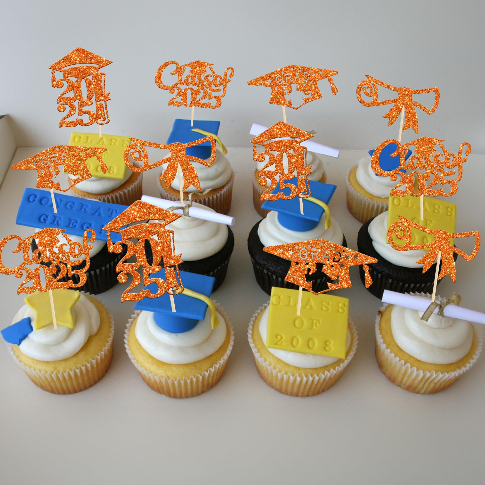 24Pcs 2025 Graduation Cupcake Toppers - Orange Glitter Congrats Class of 2025 Diploma Grad Cap Decorations | Perfect for Graduation Party, School Celebration & Dessert Table Decor