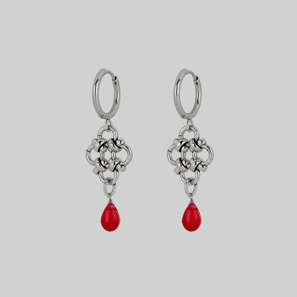 RUBIOUS Silver Chainmail & Red Glass Hoop Earrings for Women - Elegant Dangle Earrings for Party, Wedding, and Evening Wear