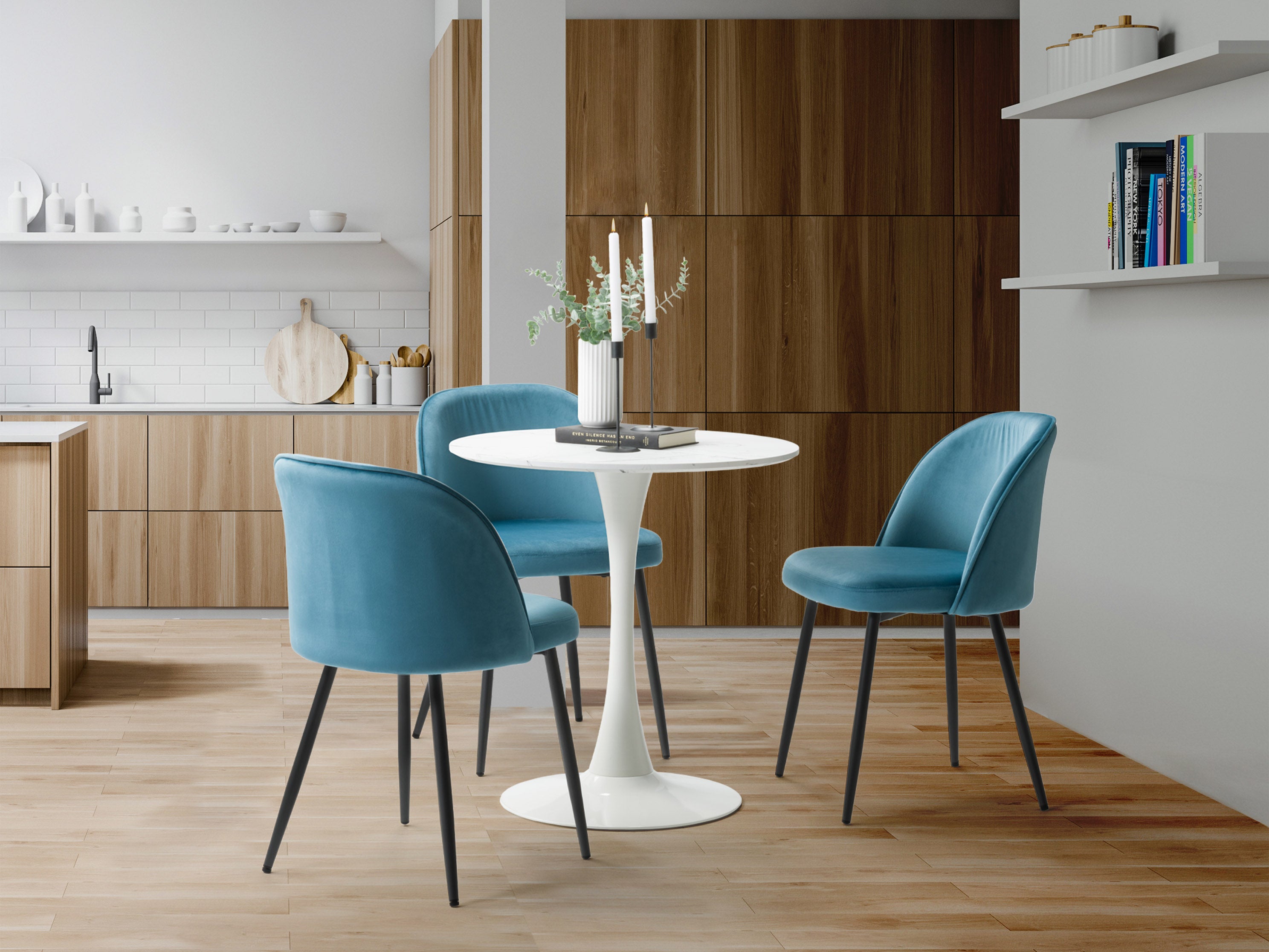 Blue Velvet Side Chair - Modern Accent Chair for Living Room, Bedroom & Office - Soft Upholstered Dining Chair with Wooden Legs - Perfect for Home Decor, Reading & Relaxing