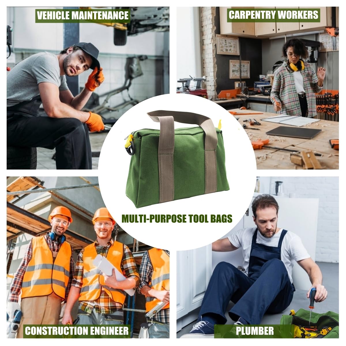BLIRITEL 12 Inch Heavy Duty Wide Mouth Canvas Tool Bag - Large Capacity Multi-Pocket Tool Organizer Tote for Wrenches, Pliers & DIY Supplies (Green) - Perfect for Construction, Auto Repair & Home Improvement Projects