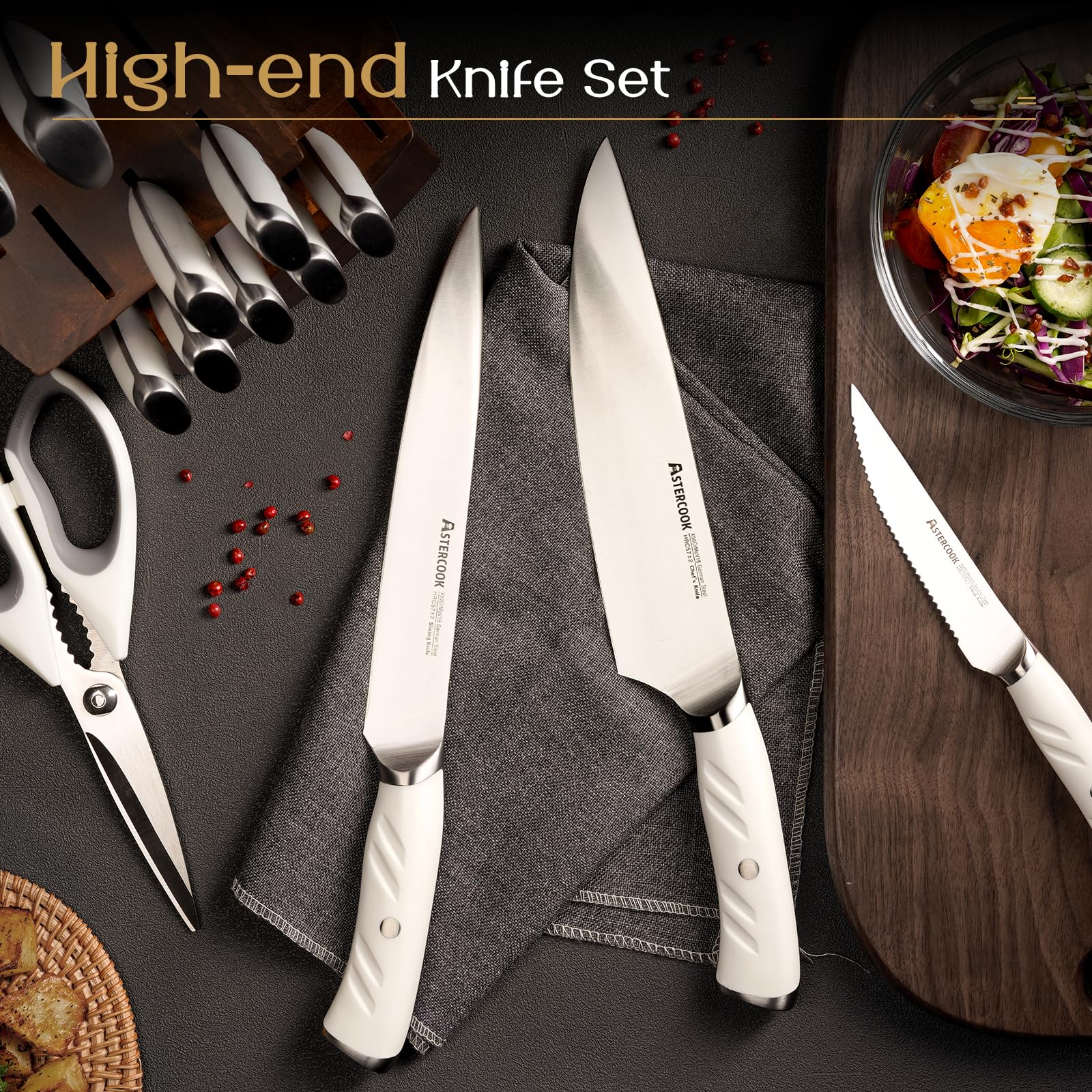 Astercook 15-Piece German Stainless Steel Knife Set with Wooden Block & Sharpener - Full Tang Kitchen Knives, Dishwasher Safe, Anti-Slip Ergonomic Handles (Elegant White) - Perfect for Home Chefs, Cooking Enthusiasts & Professional Kitchens
