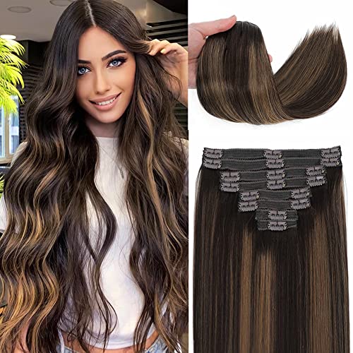 Goulus 24 Inch Clip In Human Hair Extensions for Women - 8pcs 120g Double Weft Virgin Hair with 18 Clips, Soft Natural Straight (#2/6/2) - Perfect for Volume, Length & Styling for Parties, Weddings & Daily Wear
