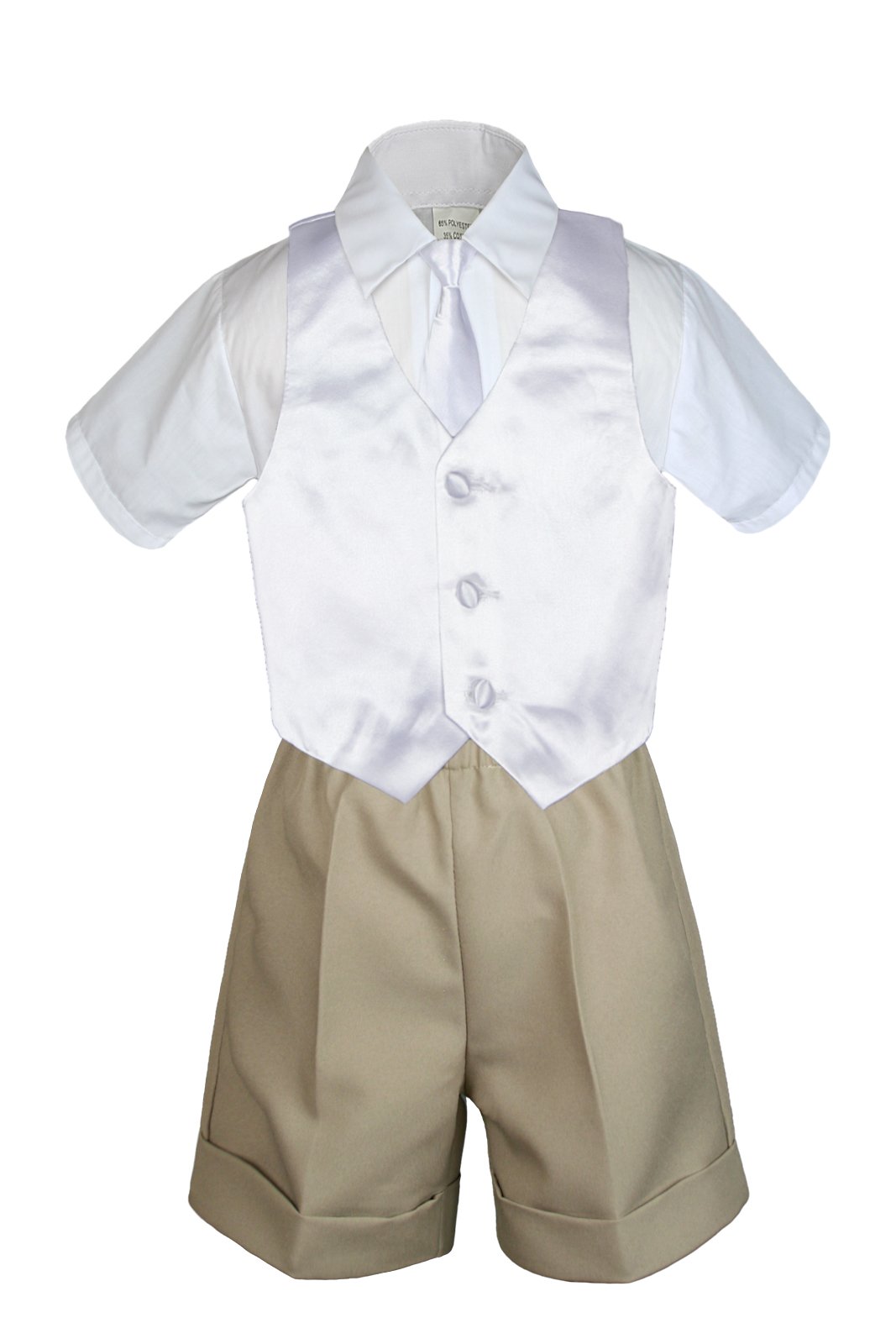 7-Piece Baby Boy Khaki Formal Bow Tie Shorts Suit Set with Extra Vest & Necktie (Sizes S-4T) - Perfect for Weddings, Baptisms & Special Occasions