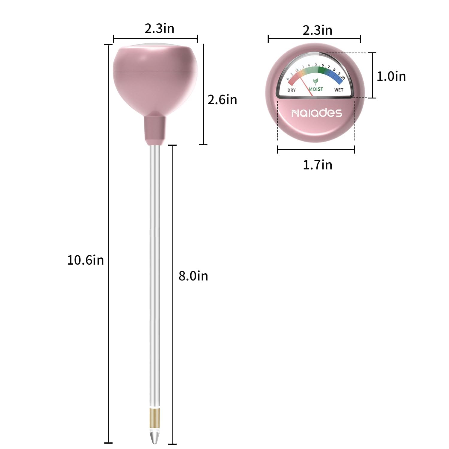 Naiades Rose Gold Soil Moisture Meter - Plant Water Monitor Hygrometer Sensor for Indoor Outdoor Gardening, Farming, Houseplants (No Batteries Needed) | Perfect for Potted Plants, Garden Beds, Greenhouses & Lawn Care