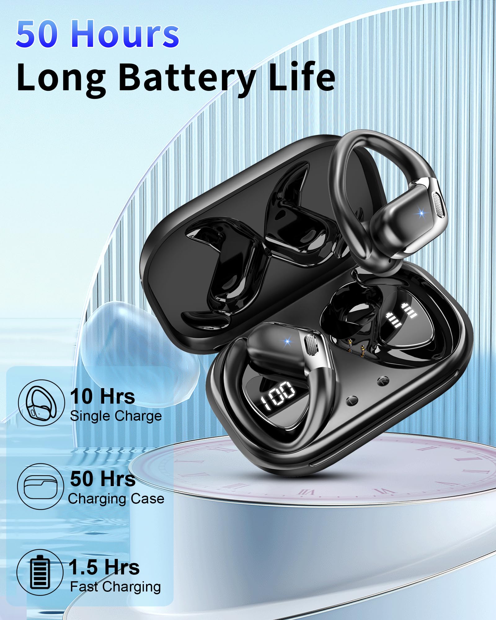 Wireless Bluetooth 5.4 Earbuds with ENC Noise Cancelling Mic - 50H Playtime, Deep Bass, Secure Earhooks & IP7 Waterproof - Perfect for Gym, Running, Workout & Outdoor Sports