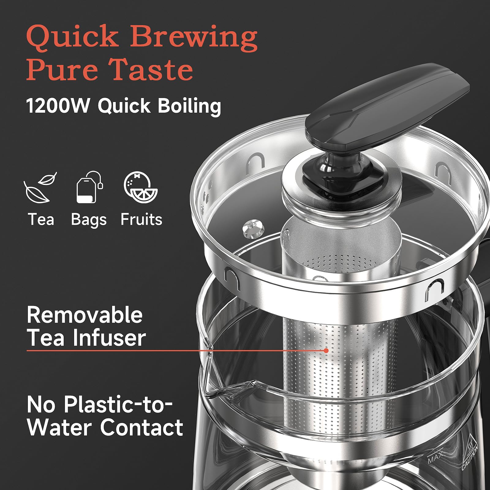 Electric Glass Tea Kettle with Removable Tea Infuser - 1.5L Stainless Steel, 1200W Fast Boiling & Precise Temperature Control - Perfect for Brewing Tea, Coffee, and Herbal Infusions at Home or Office
