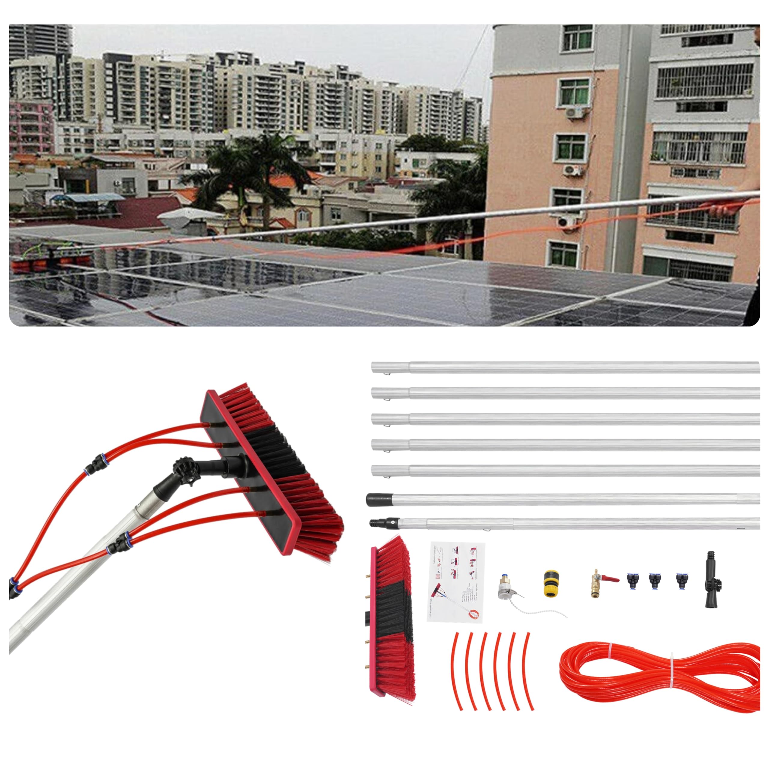 24FT Telescopic Water Fed Pole with Scrubber Brush & 65FT Hose - Lightweight Window & Solar Panel Cleaning System for High Reach Washing - Perfect for Home, Commercial, and RV Use