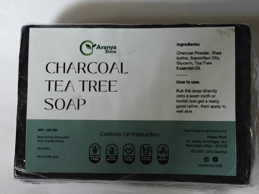 **Aranya Store Natural Charcoal Tea Tree Soap for Acne & Oily Skin – Deep Cleansing, Exfoliating & Detoxifying Facial & Body Soap for Clear, Healthy Skin**    *(Use for daily skincare, acne treatment, body detox, and gentle exfoliation – ideal for oily, combination, or sensitive skin.)*