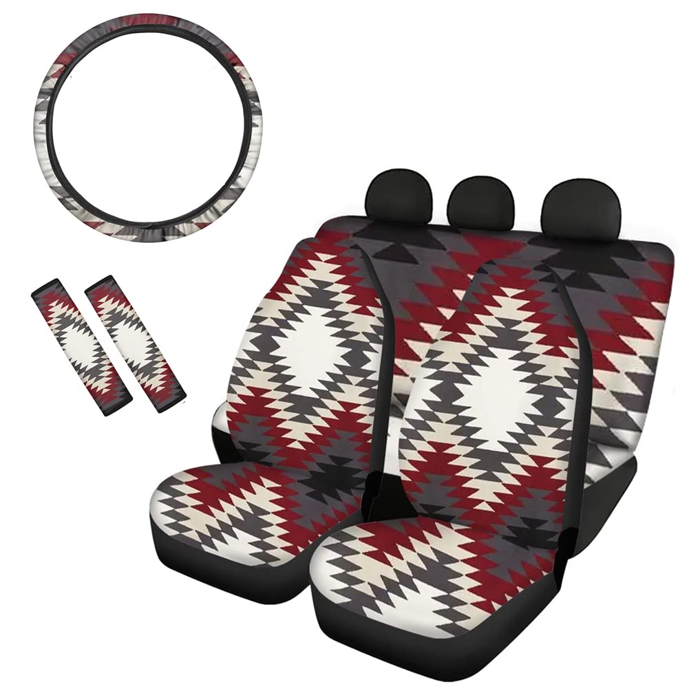 Premium African Aztec Print Car Seat Covers Full Set with Steering Wheel Cover & Seat Belt Pads - Universal Fit for Cars, Trucks & SUVs | Stylish Interior Protection for Daily Commute & Road Trips