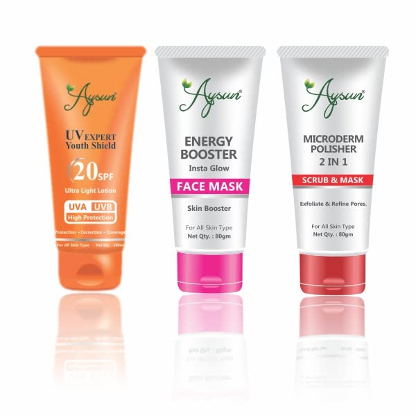 Aysun UV Expert Youth Shield SPF 20 Ultra Light Face Lotion & Energy Booster Mask + 2-in-1 Exfoliating Scrub & Mask for Daily Skincare & Sun Protection