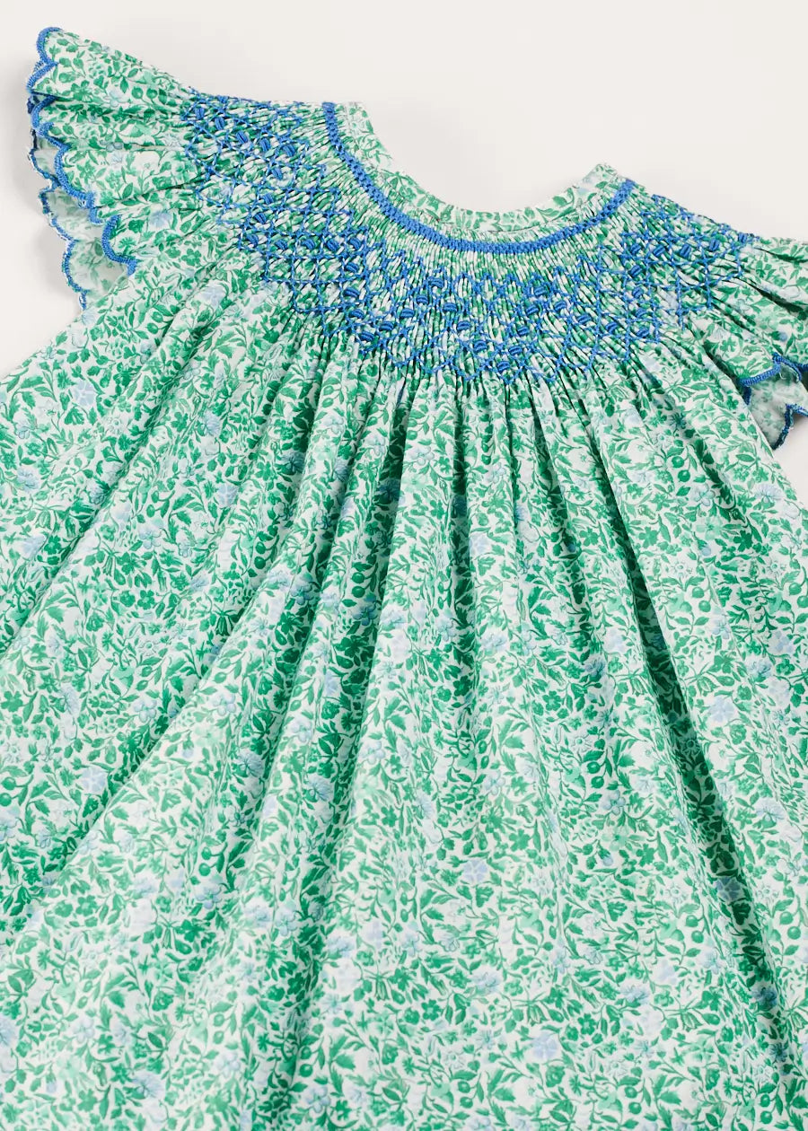 Adelaide Floral Hand Smocked Sleeveless Dress with Bloomers - Green Baby Girl Outfit for 3 Months to 3 Years | Perfect for Spring Photoshoots, Easter Sunday & Special Occasions