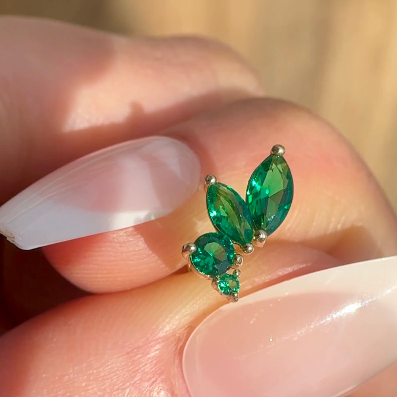 14K Yellow Gold Marquise Green Emerald Stud Earrings – Dainty Wing Flat Back Design for Women, Perfect for Weddings, Parties & Everyday Wear