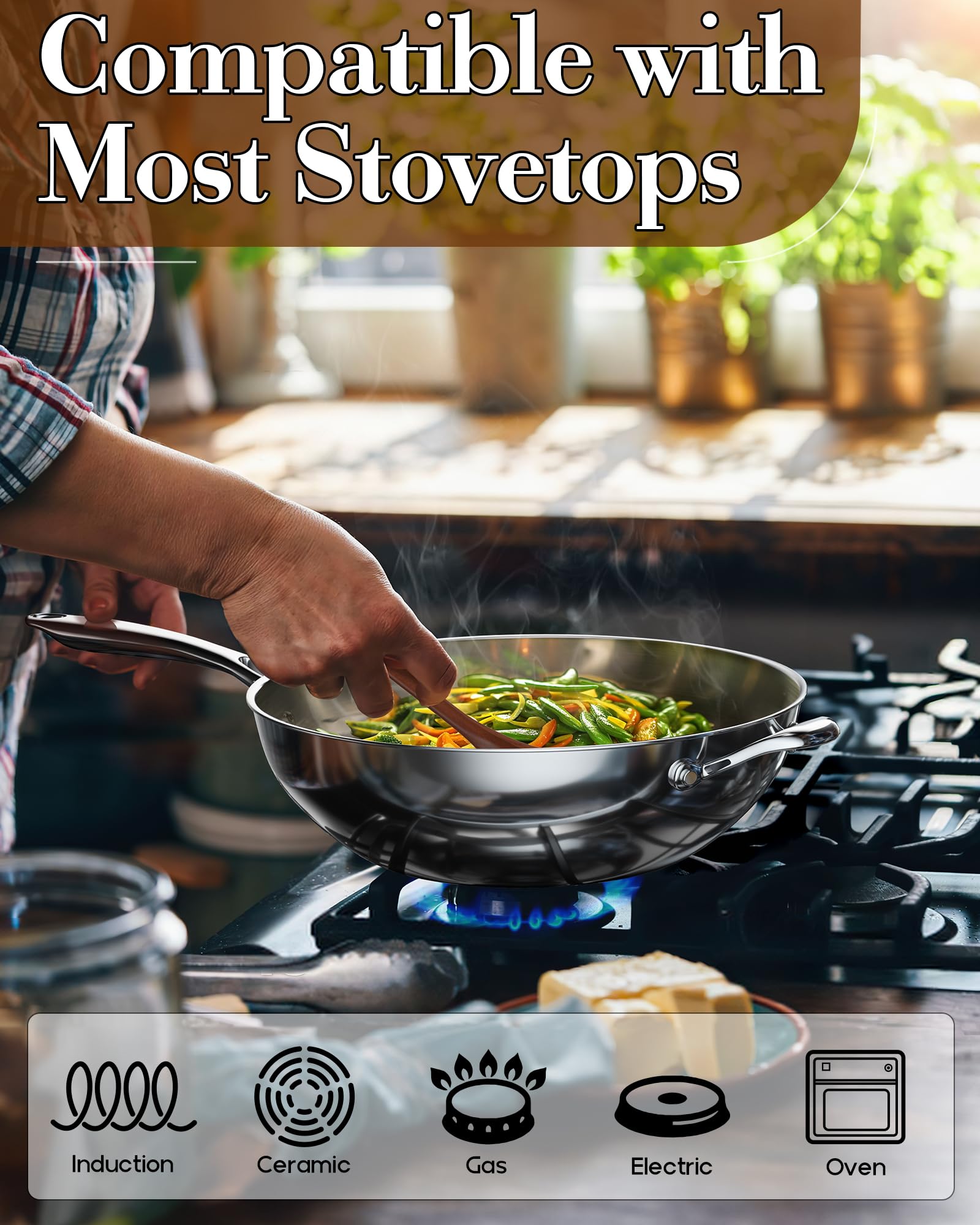 Premium 12-Inch Stainless Steel Wok Pan - Multi-Ply Clad Stir Fry Pan with Glass Lid - Induction Compatible Cookware for Asian Cuisine - Perfect for Stir-Frying, Sautéing & Deep Frying in Home Kitchens