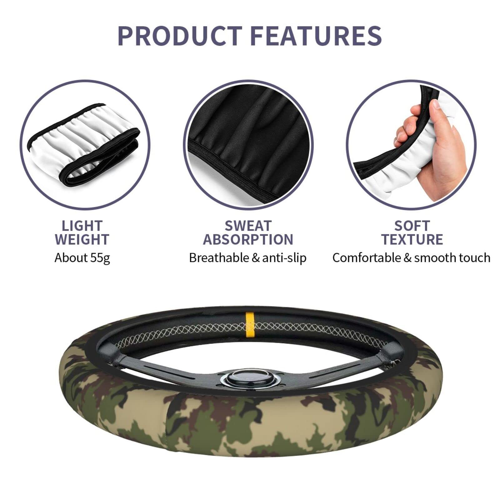 Universal 14.5-15 Inch Green Camouflage Non-Slip Steering Wheel Cover with 2 Car Coasters - Rainbow Design for Women & Men | Perfect for Off-Road Adventures & Daily Commutes