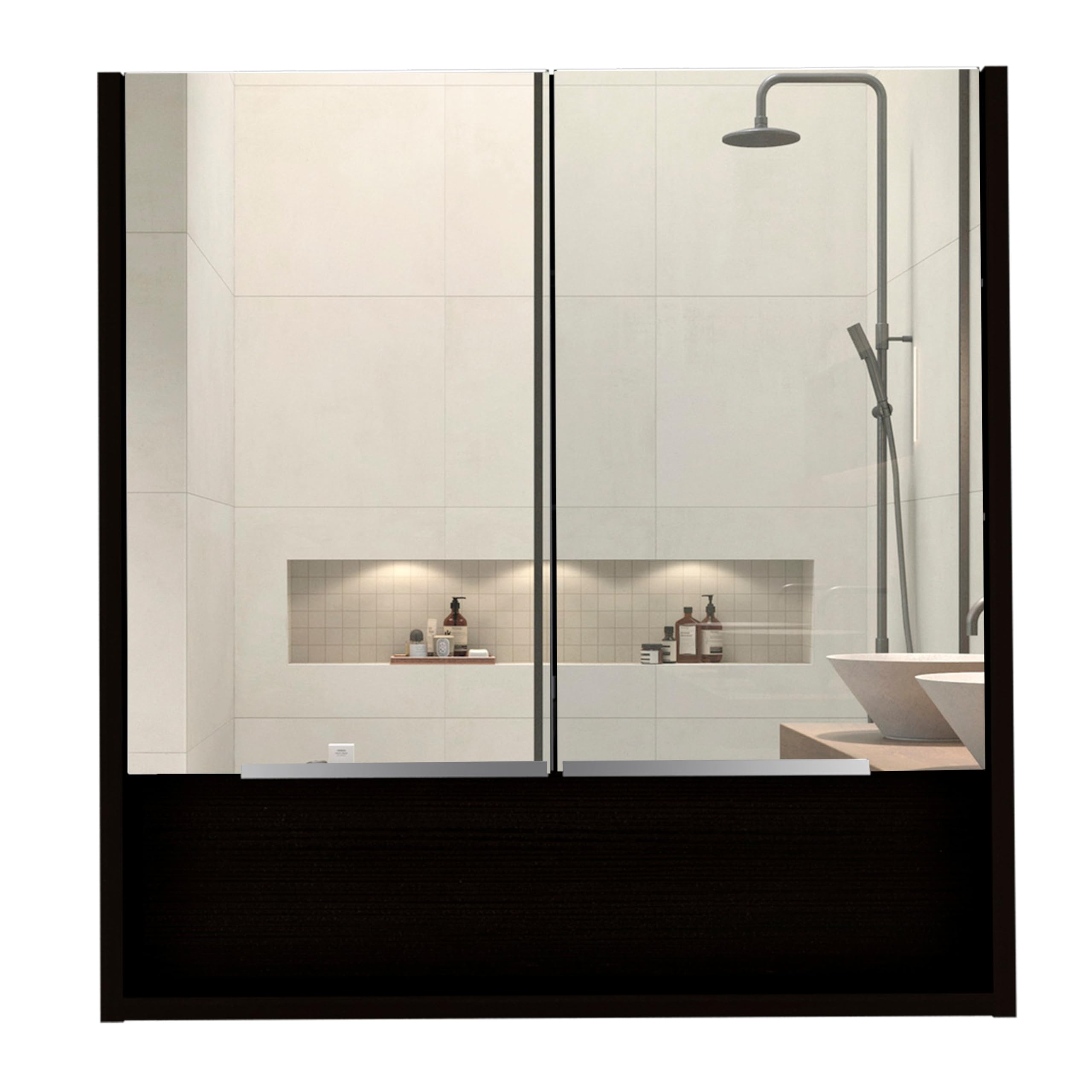 Tuhome Jaspe Mirror Cabinet with 3 Internal Shelves & Open Shelf - Double Door Bathroom Storage for Makeup & Organizing - Black