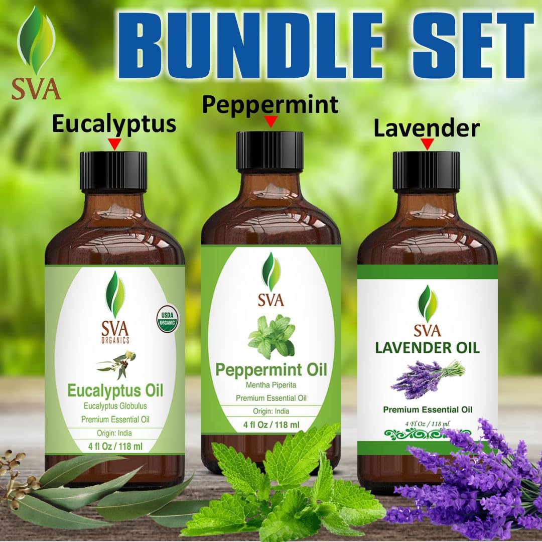 **Premium Peppermint, Lavender & Eucalyptus Essential Oil Set - 4oz Bundle for Aromatherapy, Scalp Massage, Hair & Skin Care - Relaxation, Stress Relief & Home Spa Use**