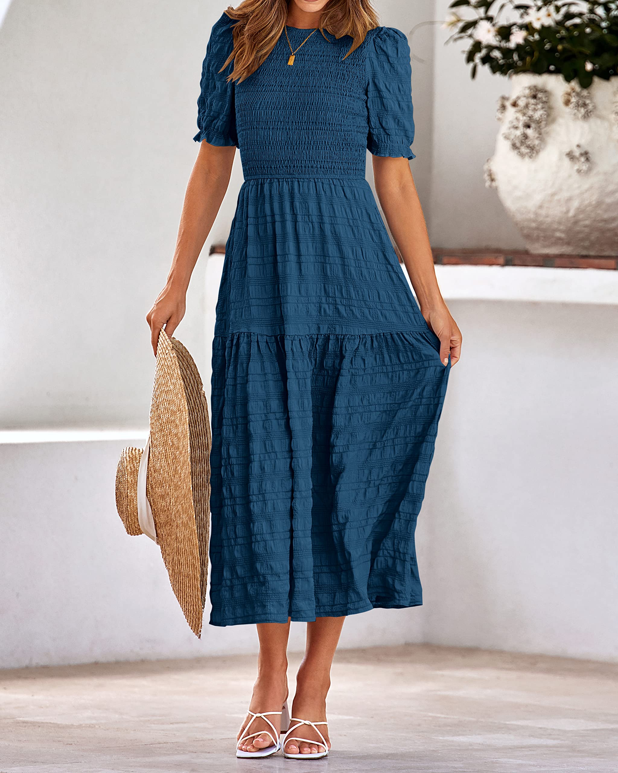 Dowerme Women's Summer Dresses 2025 - Casual Puff Short Sleeve Crewneck Smocked Flowy Ruffle Boho Maxi Sundress for Beach, Party & Vacation Wear