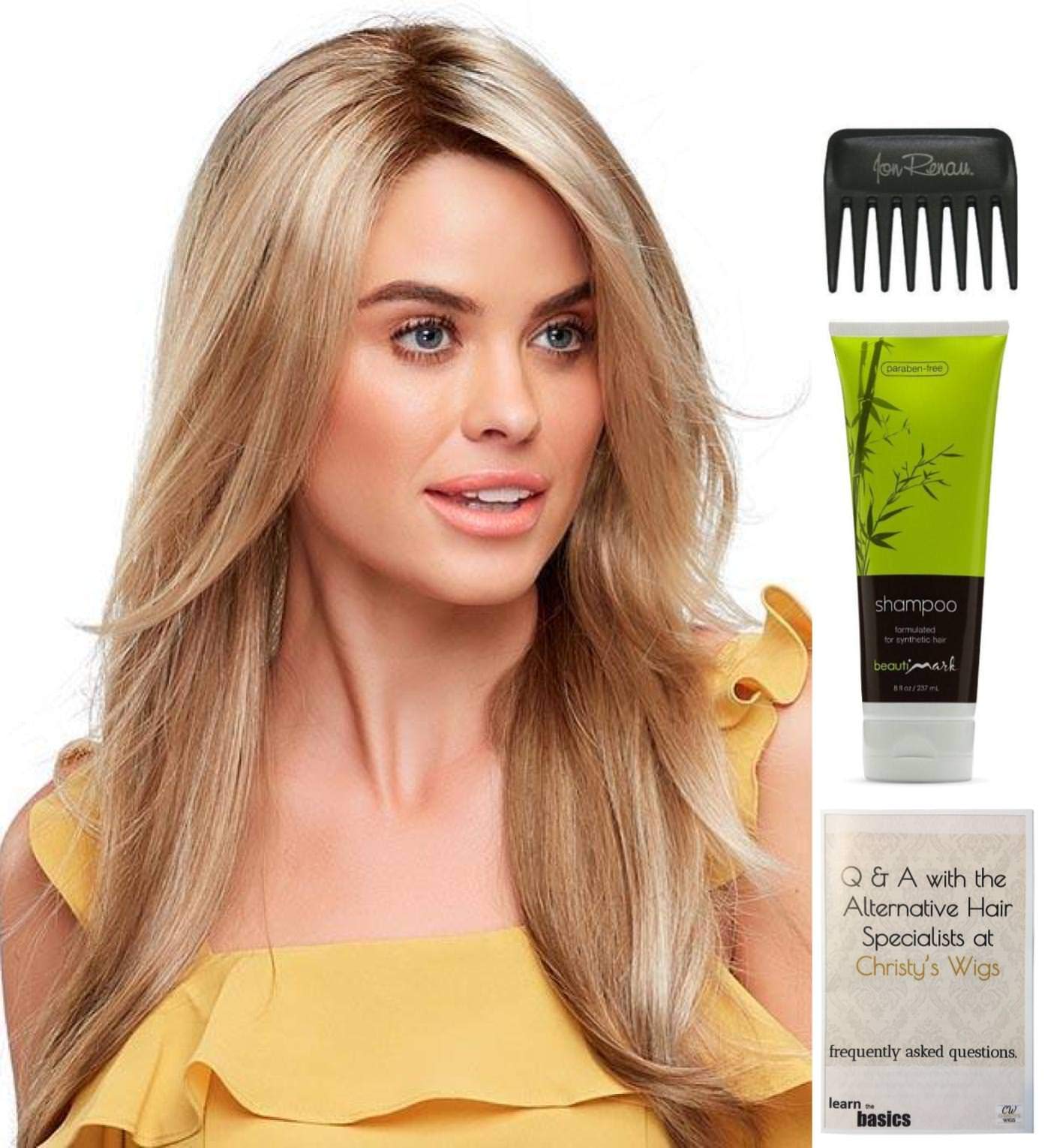 Jon Renau Zara Wig Bundle - 4 Items (FS17/101S18 Color) with Christy's Wigs Q&A Booklet, BeautiMark Synthetic Shampoo & Wide Tooth Comb | Perfect for Daily Wear, Cosplay & Hair Care Routine