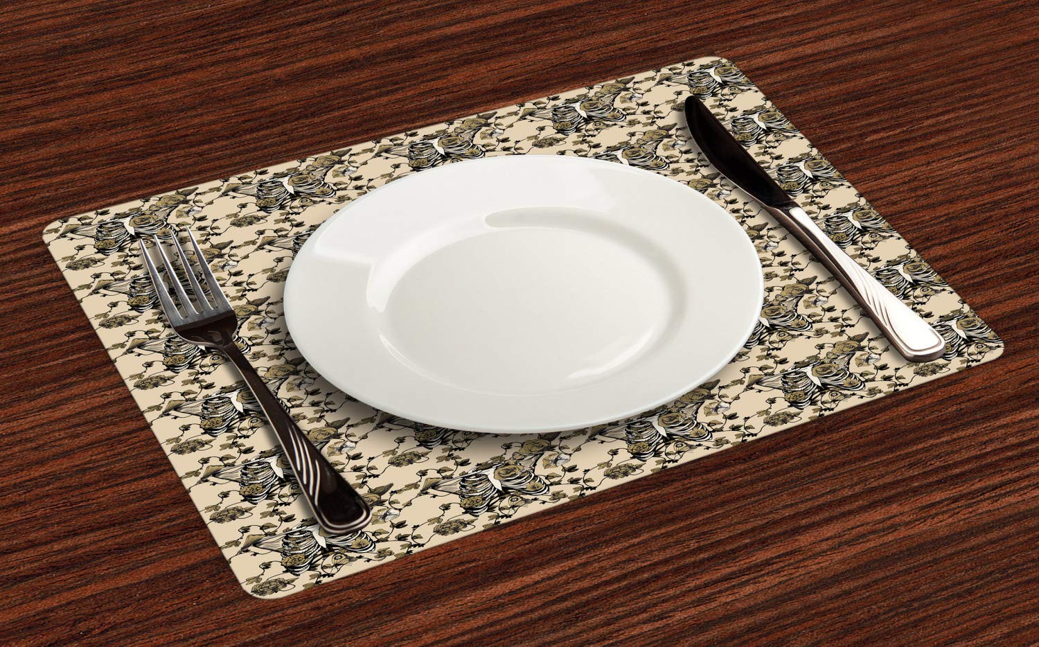 Ambesonne Gothic Placemats Set of 4 - Chest Bones Ribcage Floral Butterfly Autumn Design - Washable Fabric Table Mats for Dining Room & Kitchen Decor in Pale Mustard, Dark Mustard, Charcoal Grey & Eggshell | Perfect for Halloween, Gothic Themed Dinners & Autumn Table Settings