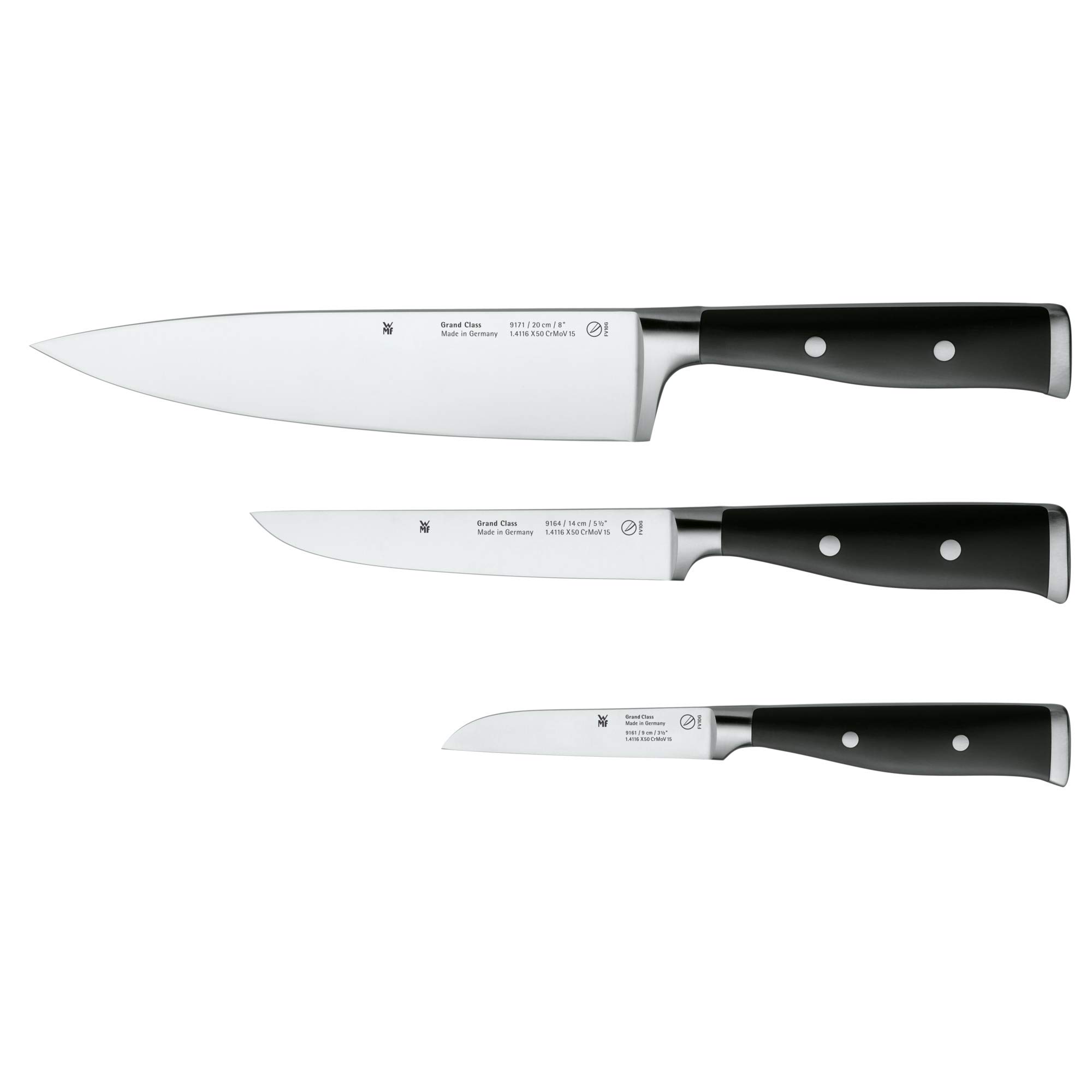 Premium WMF 3-Piece Stainless Steel Grand Class Kitchen Knife Set - Chef Knife, Paring Knife, Utility Knife - Black Ergonomic Handles for Professional Cooking & Food Prep - Perfect for Home Chefs & Culinary Enthusiasts