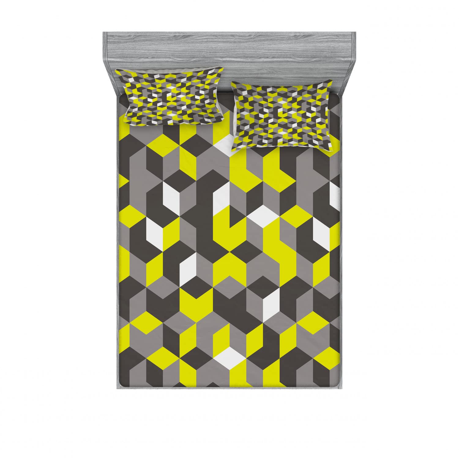 Ambesonne 2-Pack Queen Size Fitted Sheet & Pillow Sham Set - Modern Box Cubes Design, 4-Piece Bedding Set in Mustard Yellow | Soft Microfiber for Comfortable Sleep | Perfect for Guest Rooms, Dorms & Master Bedrooms