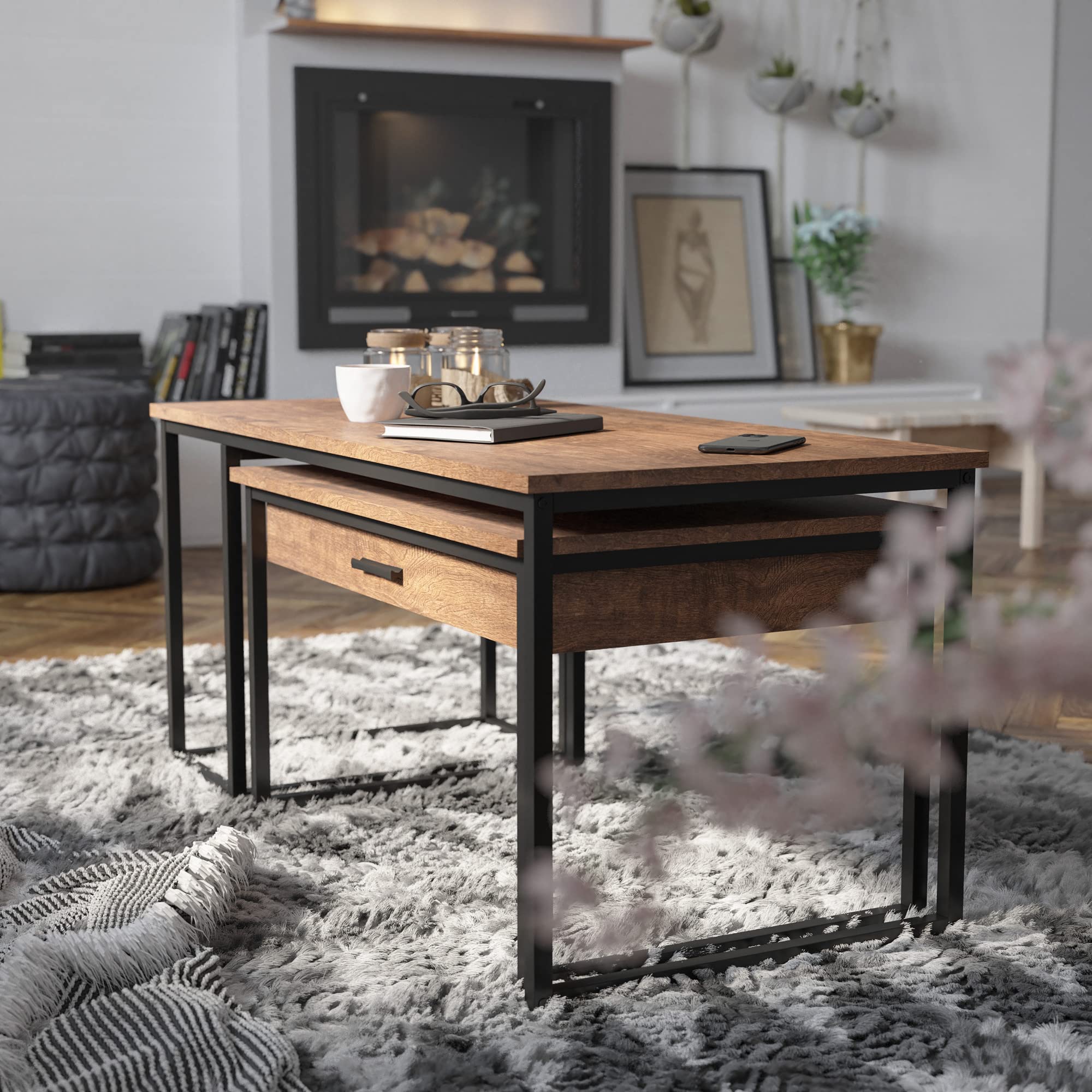 Flash Furniture Emerson 2-Piece Nesting Coffee Table Set with Walnut Engineered Wood Top & Black Sled Base Steel Frames - Includes Storage Drawer for Living Room, Office or Small Space Decor