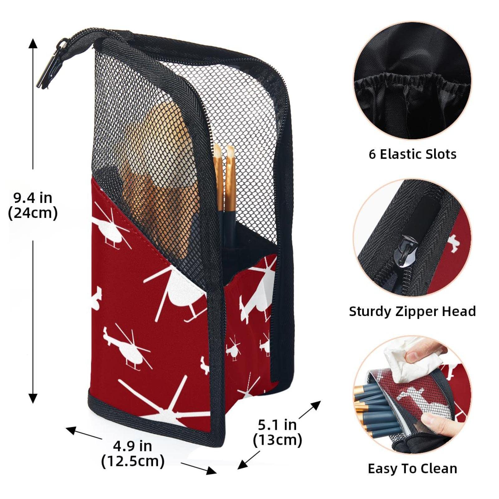 12-Piece Makeup Brush Organizer Bag with Helicopter Silhouette Red Design - Portable Cosmetic Brush Holder Case for Travel, Home & Professional Makeup Artists