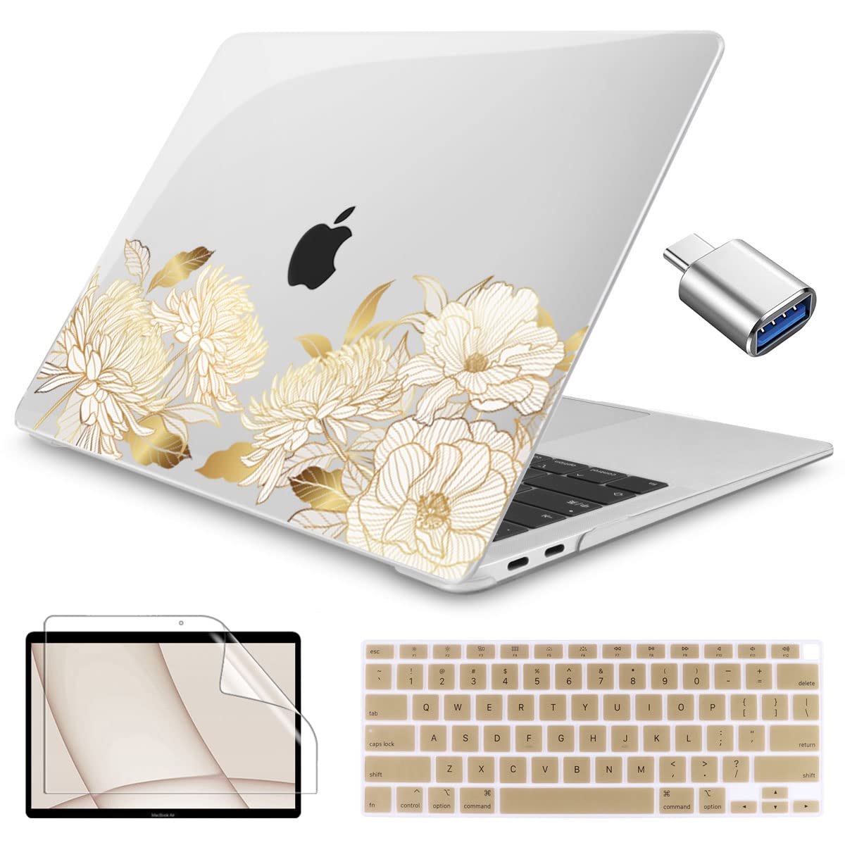 Teryeefi MacBook Air 13 Inch Case (2018-2022 Model A2337 M1/A2179) - Hard Plastic Shell Cover with Keyboard Protector, Screen Protector & USB 3.0 Adapter - Gold Floral Design for Work, School & Travel