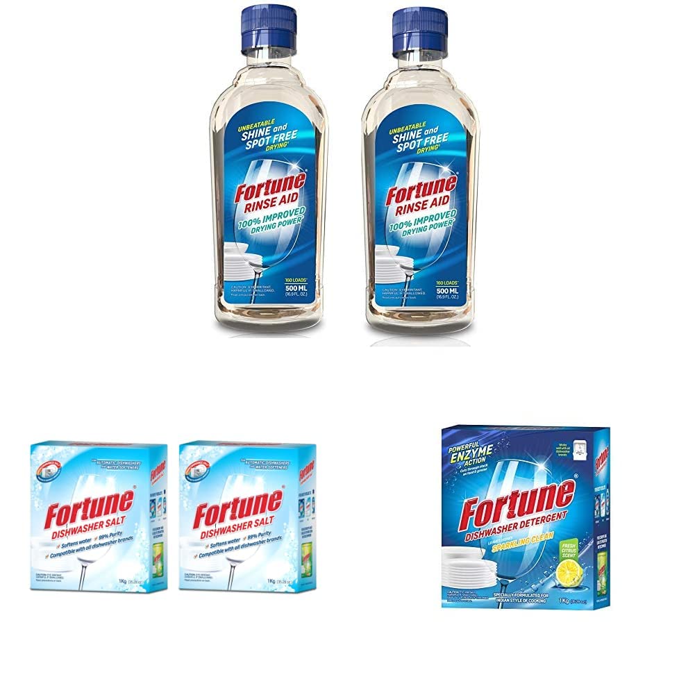 Fortune Dishwasher Rinse Aid 500ml (2-Pack) + Dishwasher Salt 2kg + Detergent 1kg - Universal Fit for All Dishwasher Brands - Perfect for Sparkling Clean Dishes in Homes & Restaurants