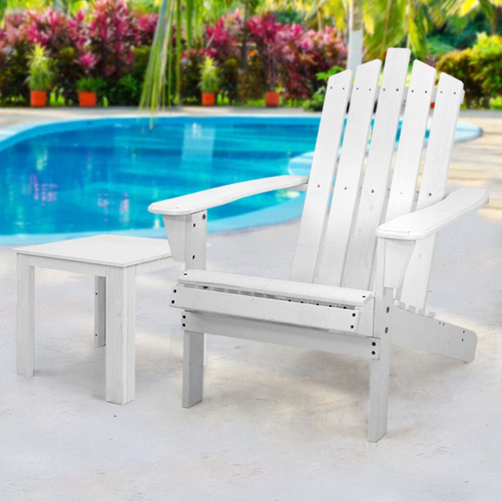 2-Piece White Adirondack Outdoor Table and Chair Set - Durable Wooden Patio Furniture for Beach, Garden, and Backyard Relaxation