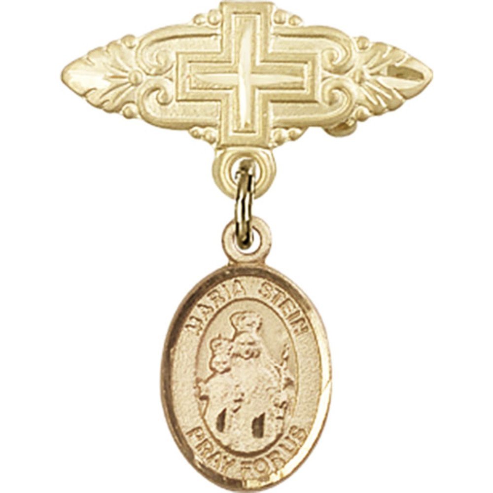 Bonyak Jewelry Saint Medal Collection - Gold Filled Virgin Mary Pendant with Cross Charm & Badge Pin - 1 x 3/4 Inch Religious Jewelry for Baptism, First Communion & Everyday Faith Wear