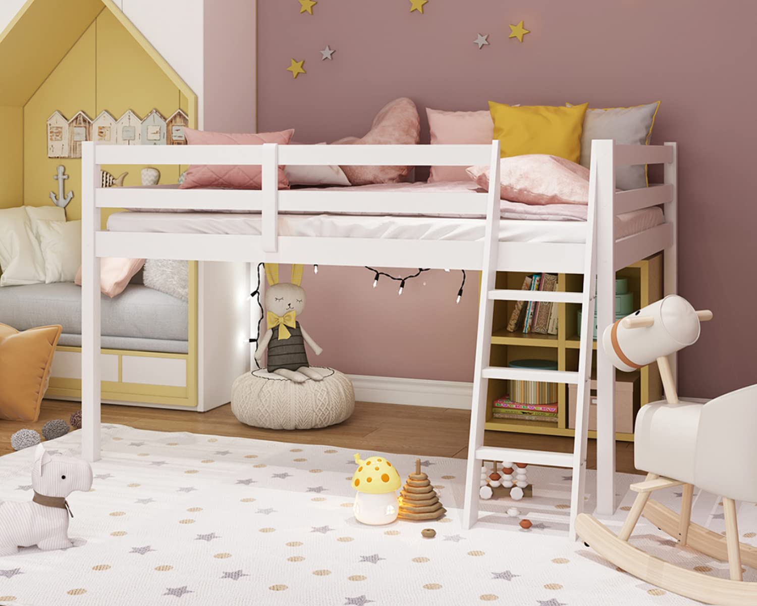 Bonnlo Full Size Low Loft Bed with Inclined Stairs - Solid Wood Junior Bunk Bed with High Safety Rail for Kids, Teens & Adults - White Low Profile Bed Frame with 2 Center Beams (No Box Spring Needed) - Perfect for Small Rooms, Dorms & Space-Saving Kids' Bedrooms
