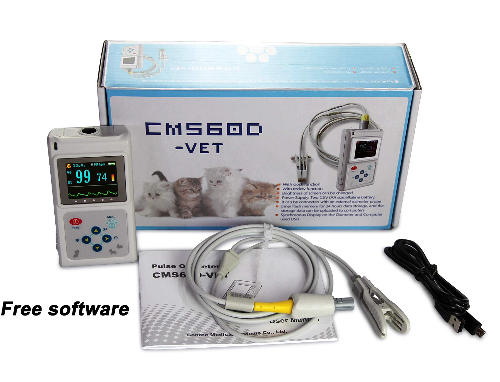 CONTEC CMS60D-VET Veterinary Pulse Oximeter - Handheld SPO2 Monitor for Dogs & Cats with Tongue/Ear Probe - Measures Pulse Rate & Oxygen Saturation - Ideal for Pet Clinics, Home Care & Emergency Use