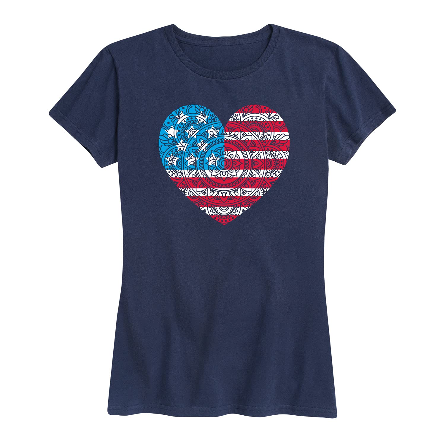 USA Flag Mandala Heart Women's Short Sleeve Graphic T-Shirt - Patriotic American Flag Design Casual Tee for Women - Perfect for 4th of July, Memorial Day & Summer Outfits