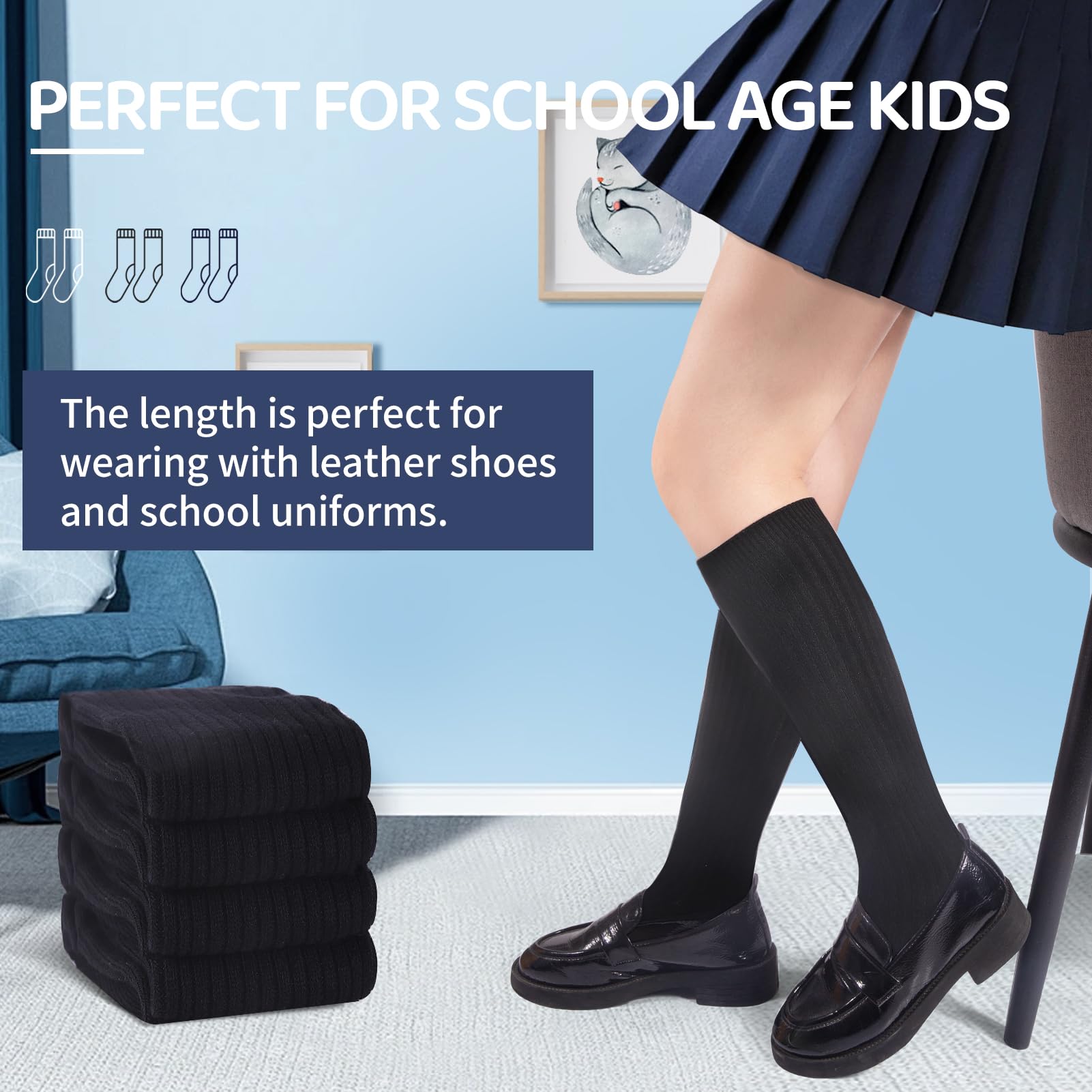 4 Pairs Girls Knee High Socks - Striped Seamless Toe School Uniform Socks for Kids, Over The Knee Socks for Girls & Boys - Perfect for School, Dance, and Winter Outfits