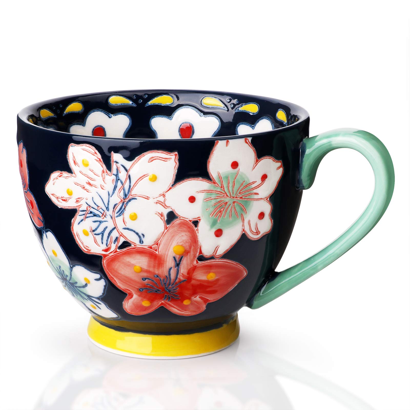 Handmade Ceramic Coffee Mug with Floral Design - Large 16oz Tea & Latte Cup - Perfect Birthday, Christmas, Mother's Day Gift for Women, Mom, Wife, Daughter - Blue - Ideal for Home, Office & Coffee Shop Use