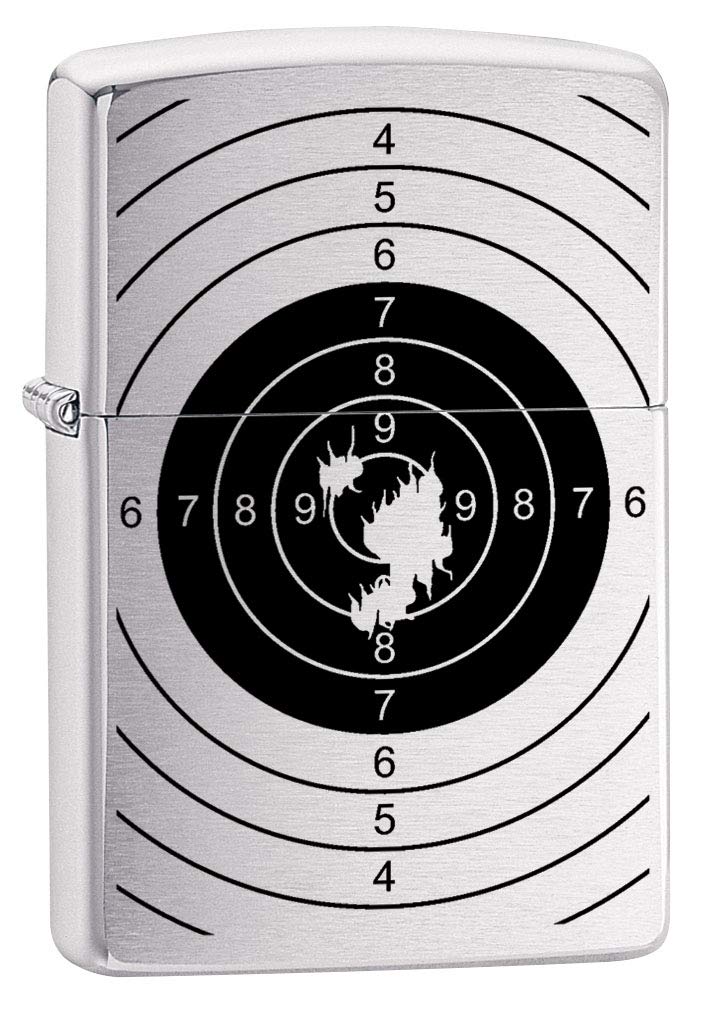 Zippo Lighter Brushed Chrome 80571 - Shooting Target Design with Bullet Holes | Windproof Refillable Metal Lighter for Outdoor Camping, Hunting & Survival Gear